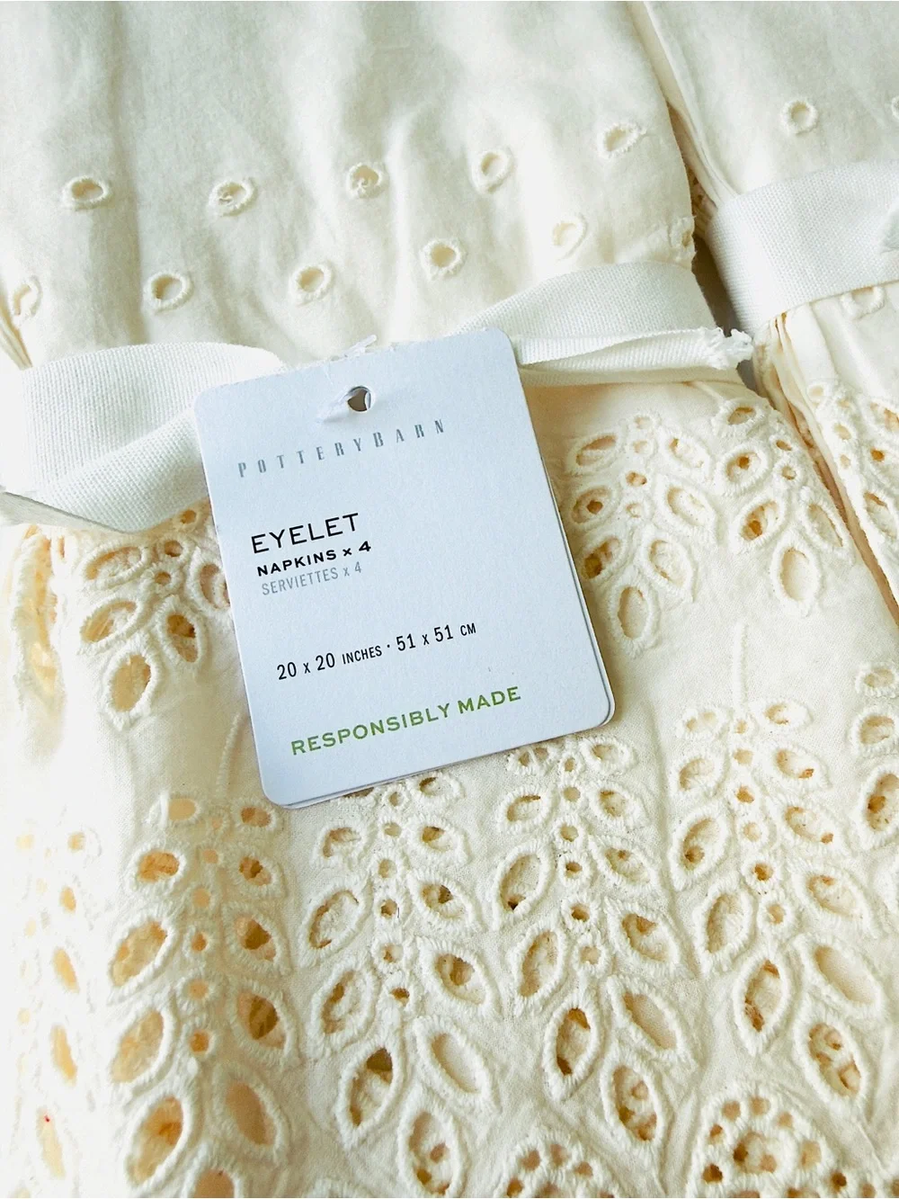 Pottery Barn Eyelet 100% Organic Cotton 20” sq Napkins, Set of 8, NWT Retail $98